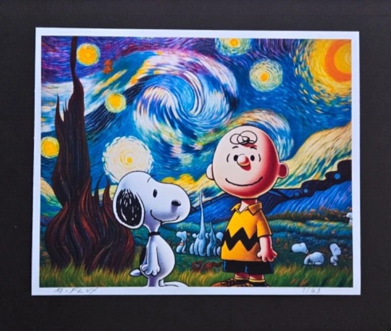 AIDAN FLUX | Hand Signed Authentic Print Framed Snoopy Starry Night Charlie COA - 2