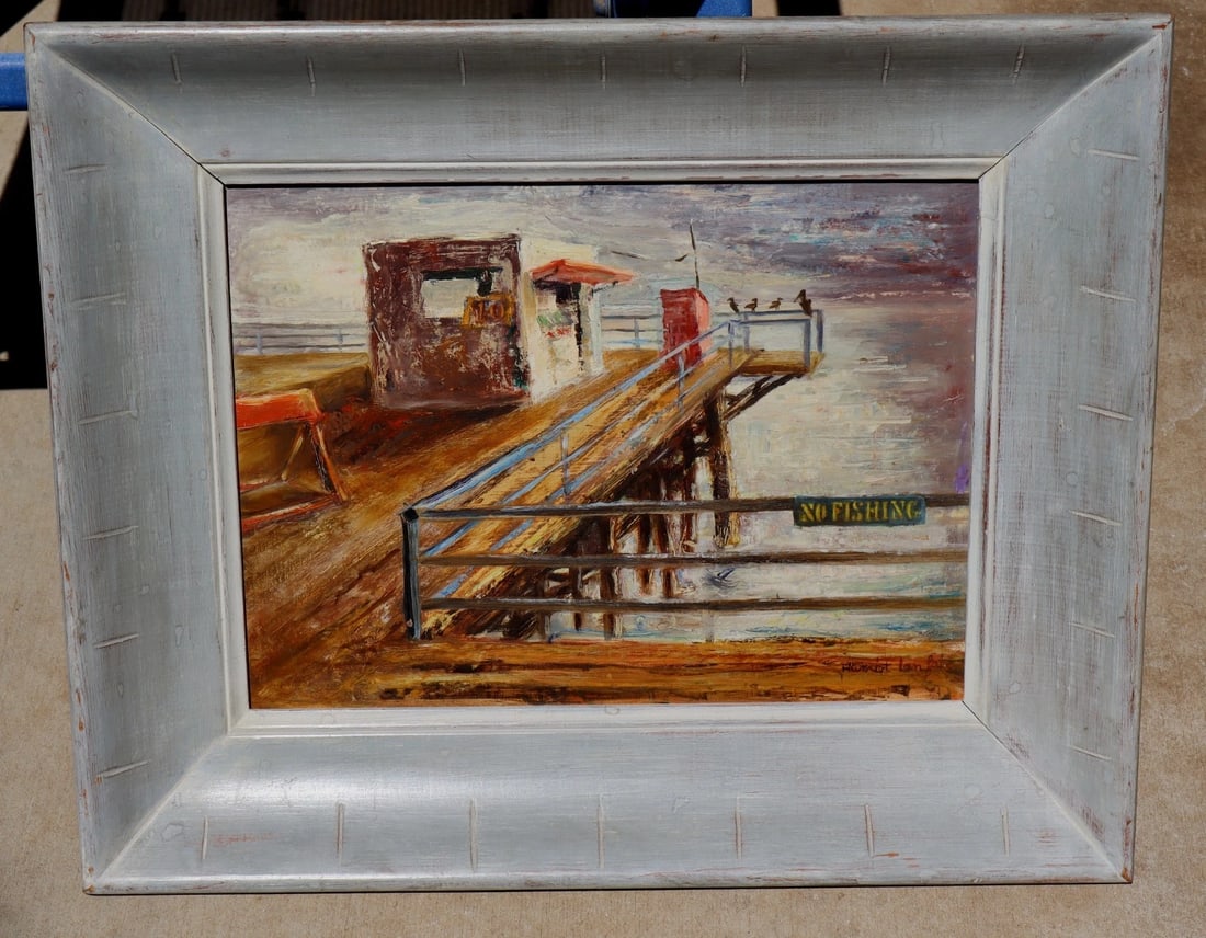 HARRIET (KEESE) LANFAIR Mid Century Weathered Oceanside Pier w/ Snack Shop oil - 2