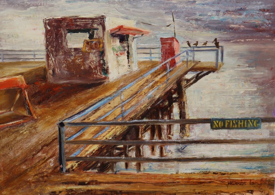 HARRIET (KEESE) LANFAIR Mid Century Weathered Oceanside Pier w/ Snack Shop oil - 3