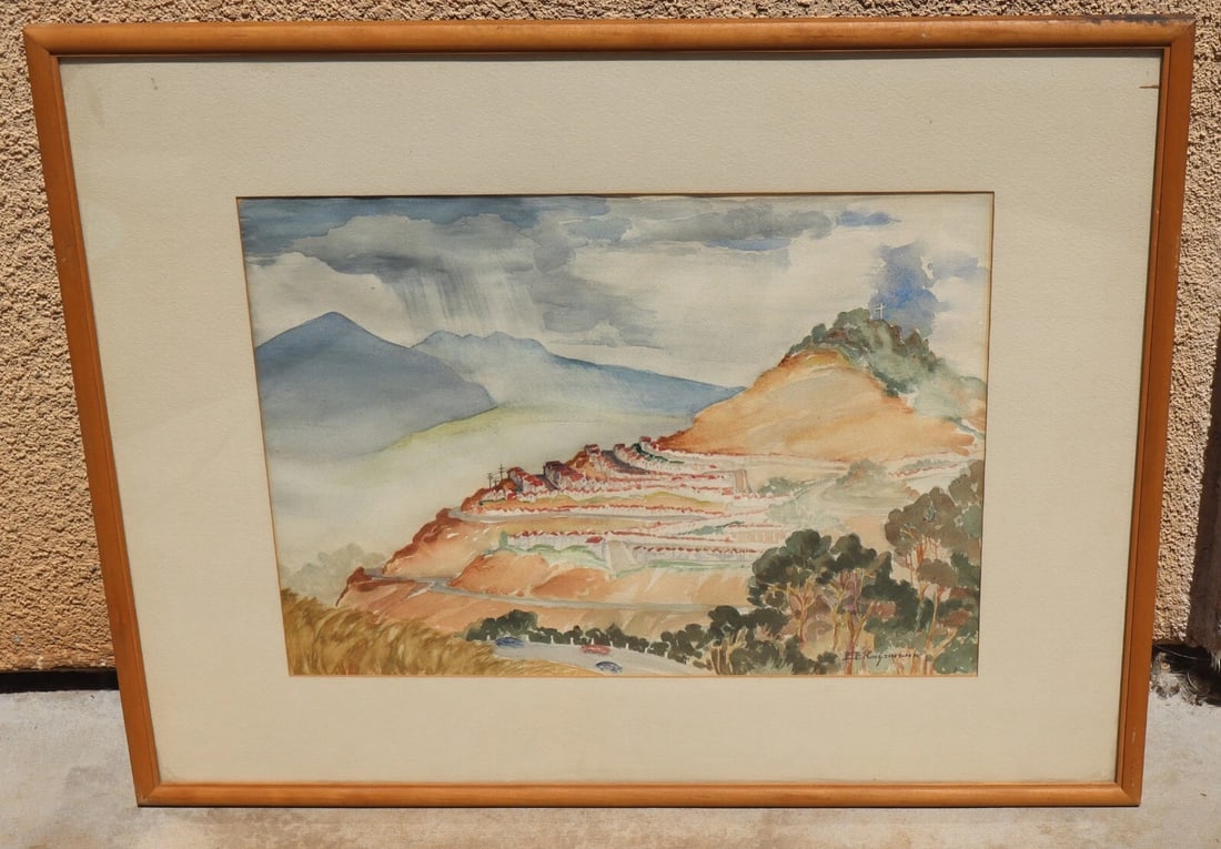 E. Evelyn Ringemann Mid Cent California watercolor Hillside Homes & Mtn w/ Cross - 2
