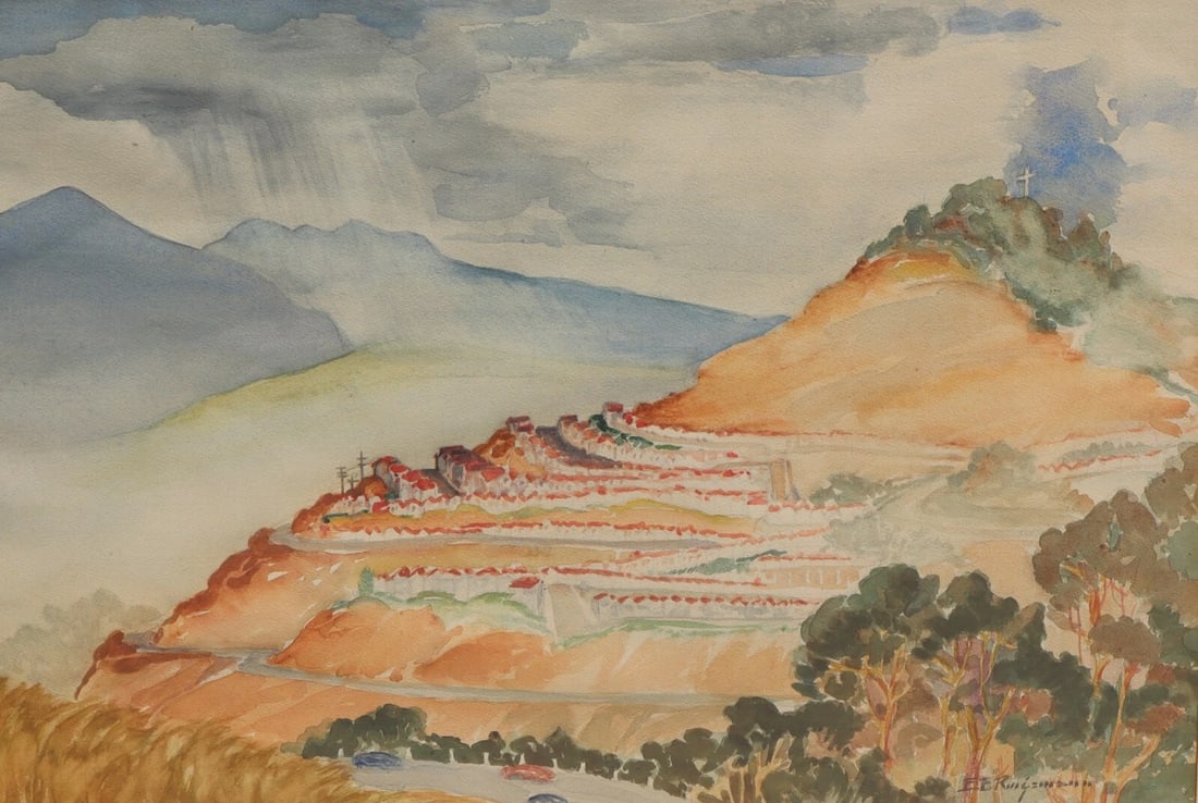 E. Evelyn Ringemann Mid Cent California watercolor Hillside Homes & Mtn w/ Cross - 3