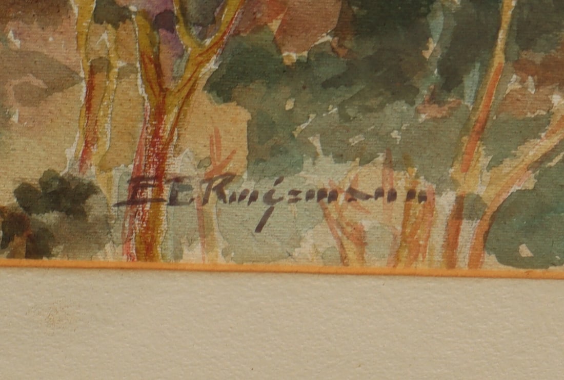 E. Evelyn Ringemann Mid Cent California watercolor Hillside Homes & Mtn w/ Cross - 4