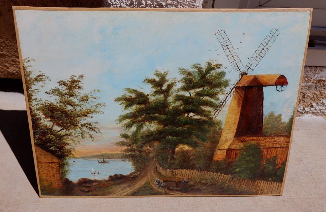 Turn of the Century Windmill by the Sea with Boats oil painting Unframed - 2