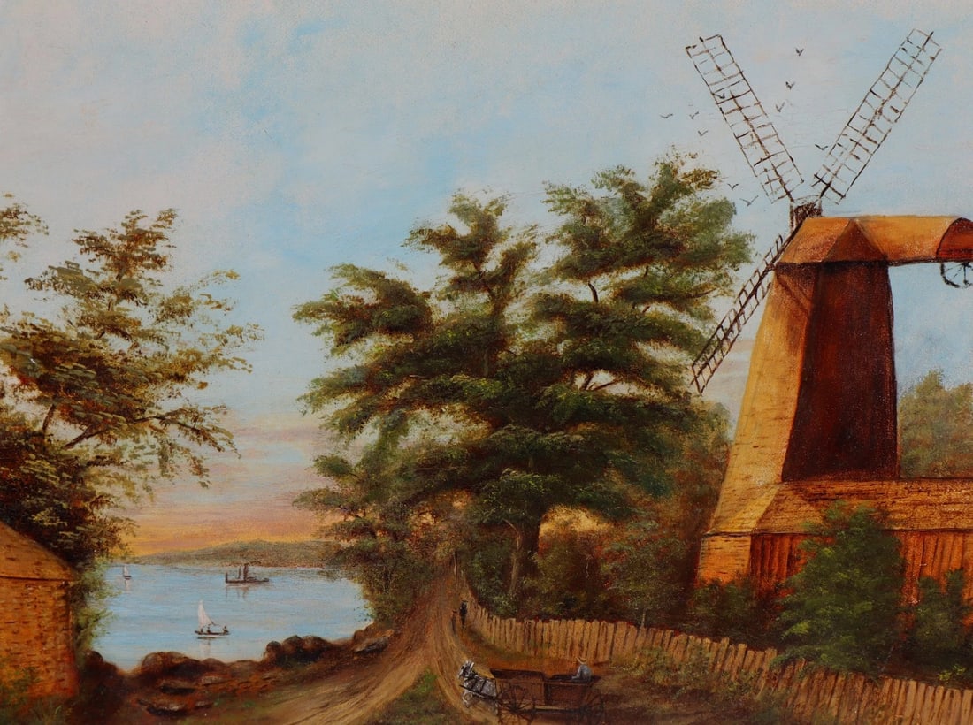 Turn of the Century Windmill by the Sea with Boats oil painting Unframed - 3
