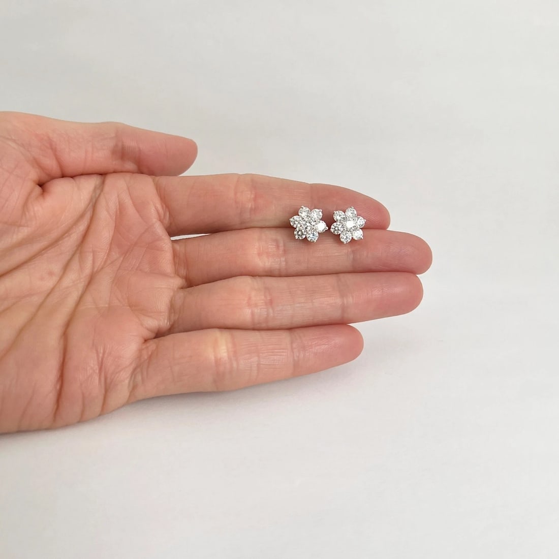 Round Flower Cluster Halo Diamond Stud Earrings 18K White Gold, 1.20 CTW - 2