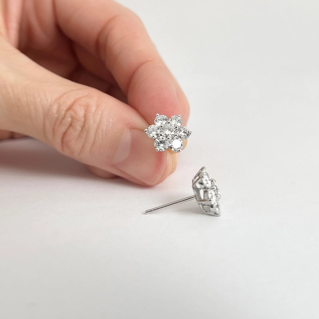 Round Flower Cluster Halo Diamond Stud Earrings 18K White Gold, 1.20 CTW - 3