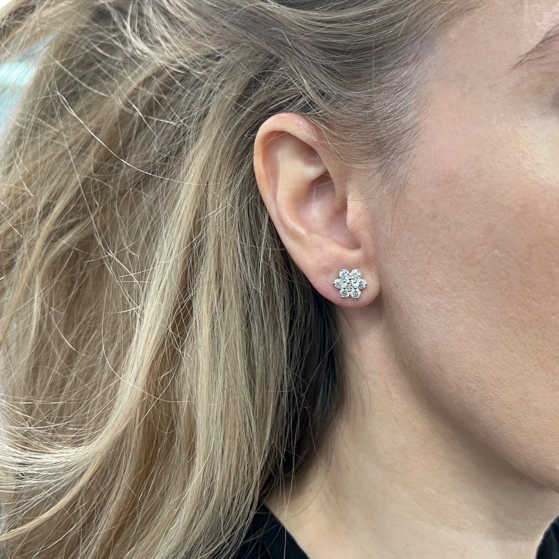 Round Flower Cluster Halo Diamond Stud Earrings 18K White Gold, 1.20 CTW - 4