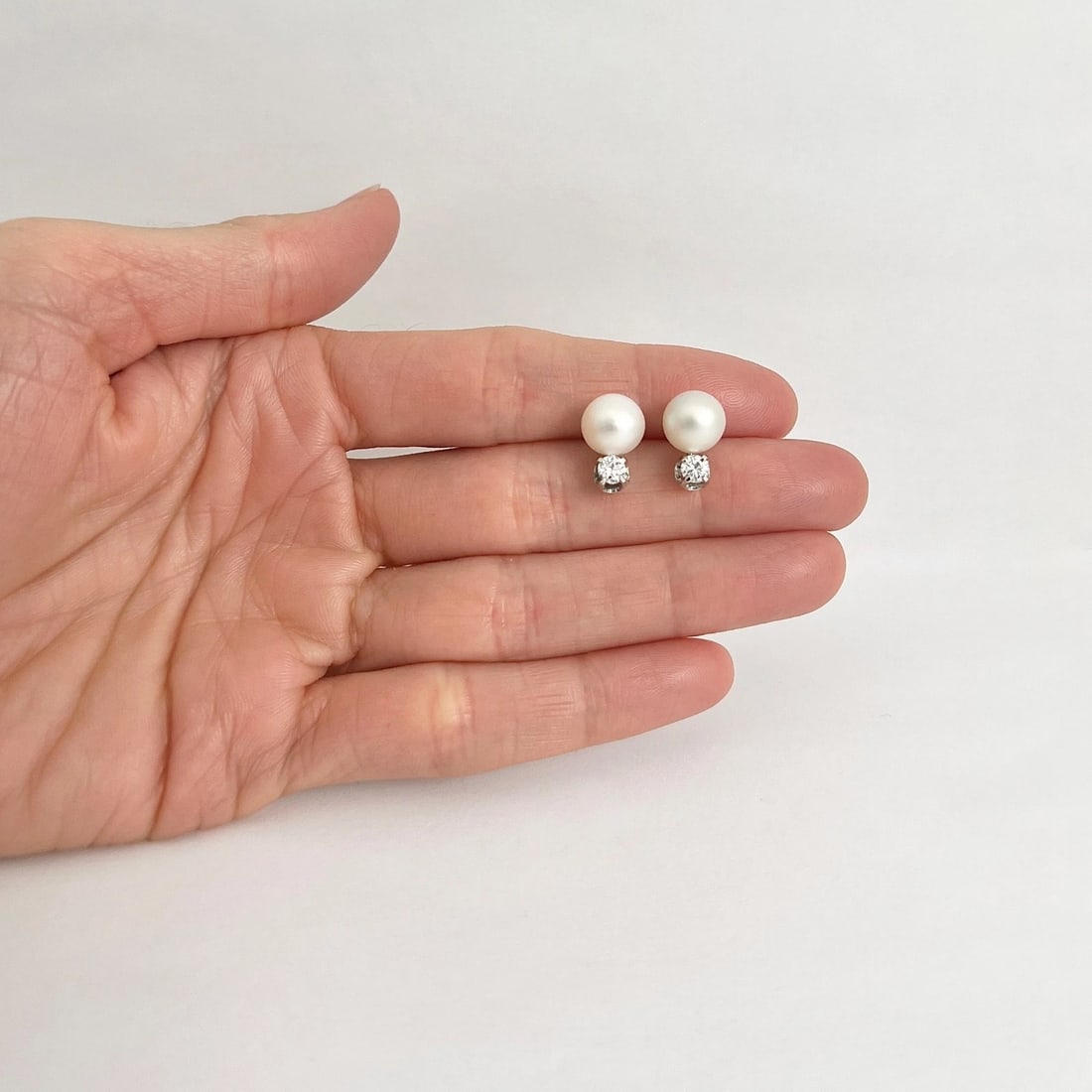 Pearl Diamond Drop Stud Earrings Palladium, 8 mm, .32 CTW - 2