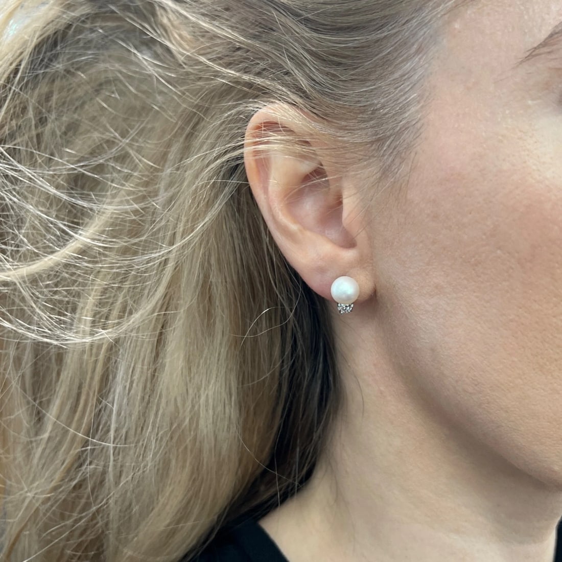 Pearl Diamond Drop Stud Earrings Palladium, 8 mm, .32 CTW - 3