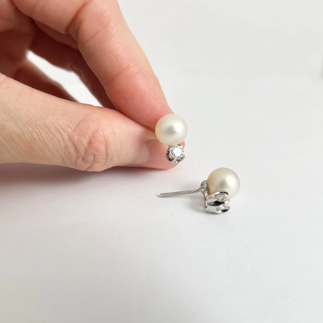Pearl Diamond Drop Stud Earrings Palladium, 8 mm, .32 CTW - 4