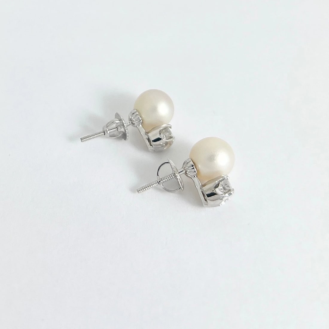 Pearl Diamond Drop Stud Earrings Palladium, 8 mm, .32 CTW - 5