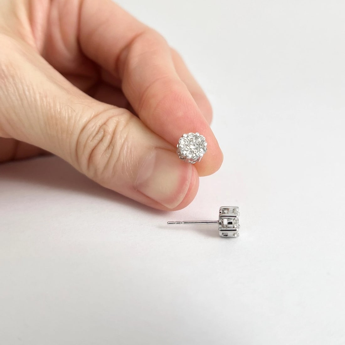 Round Flower Cluster Halo Diamond Stud Earrings 14K White Gold, .50 CTW - 3