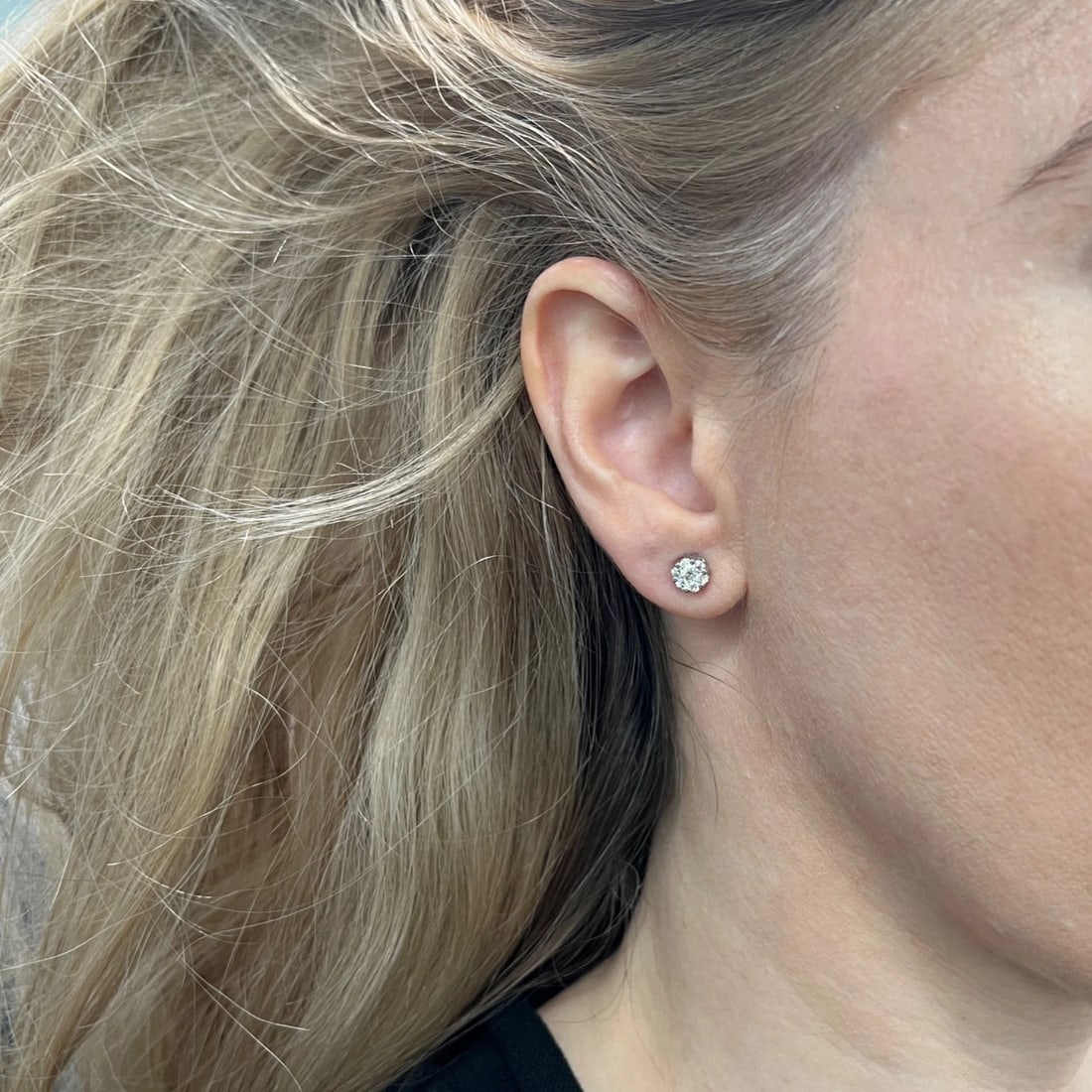 Round Flower Cluster Halo Diamond Stud Earrings 14K White Gold, .50 CTW - 4