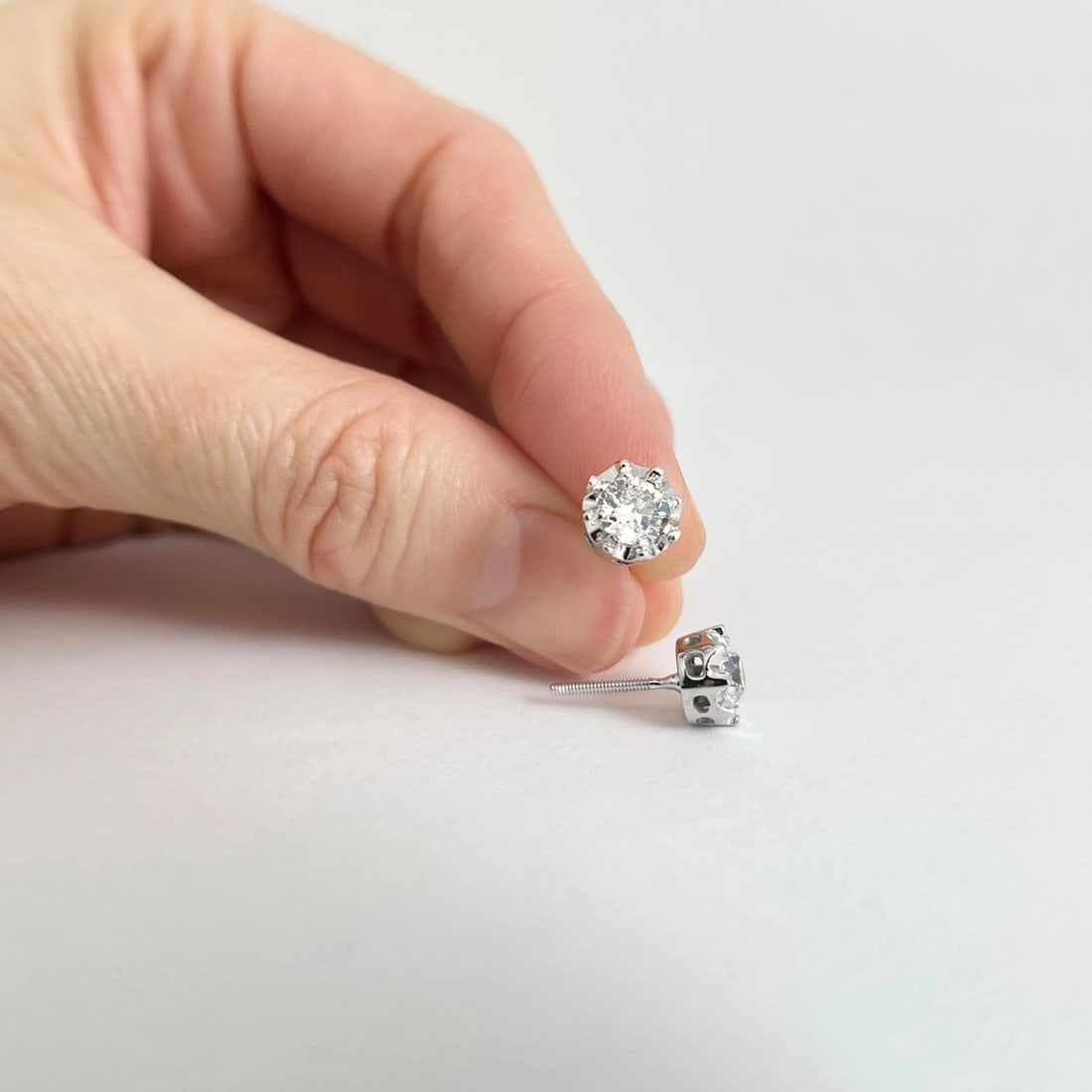 Round European Cut Diamond Stud Earrings 14K White Gold 8-Prong Crown, .75 CTW - 3