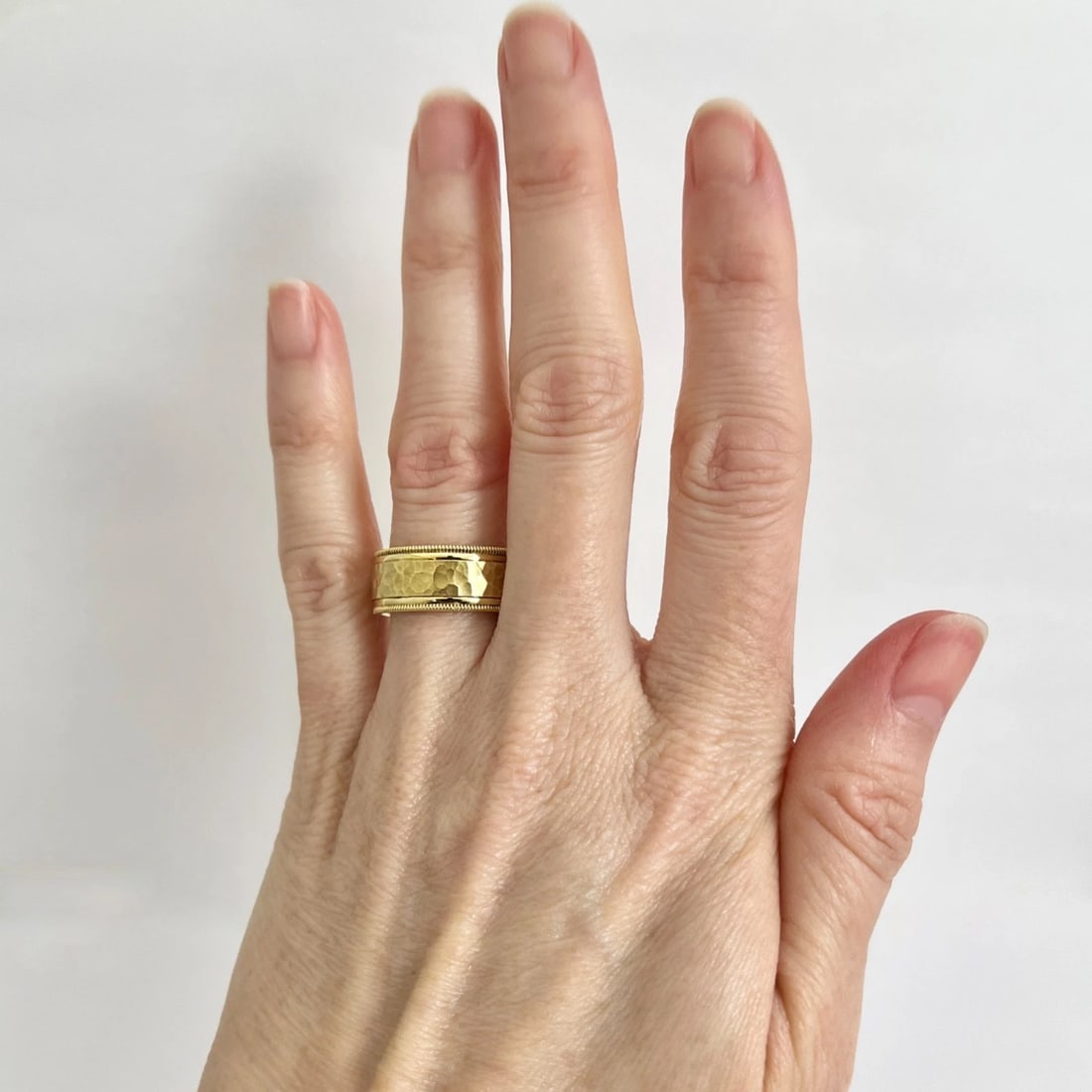 Wide Milgrain Edge Hammered Statement Band Ring 18K Yellow Gold, Size 7 - 2