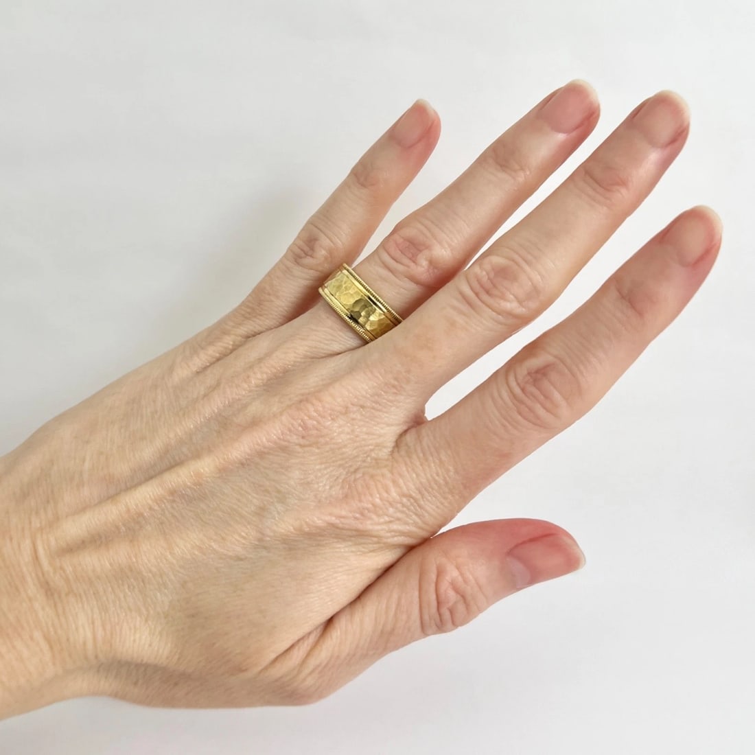 Wide Milgrain Edge Hammered Statement Band Ring 18K Yellow Gold, Size 7 - 3