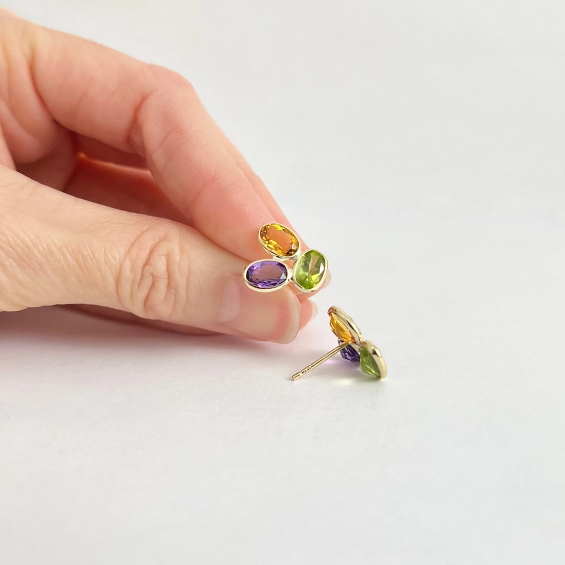 Multicolored Gemstone Bezel-Set Cluster Stud Earrings 14K Yellow Gold, 4.50 CTW - 3