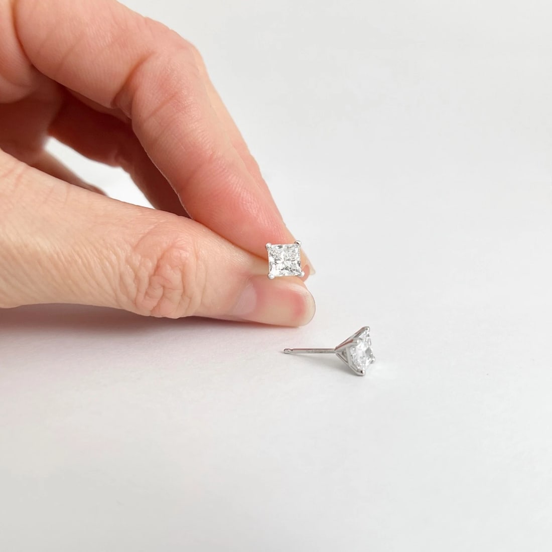 Princess Cut Lab-Created Diamond Stud Earrings 14K White Gold 4-Prong, 1.55 CTW - 3