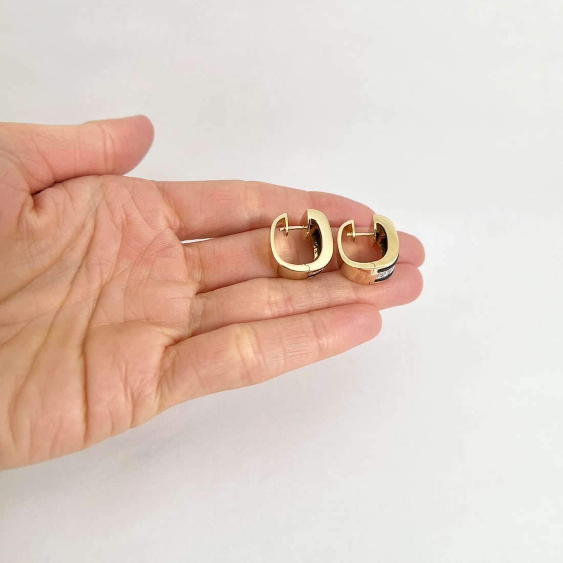 Wide Pave Diamond Black Onyx Huggie Hoop Earrings 18K Yellow Gold, .72 CTW - 4