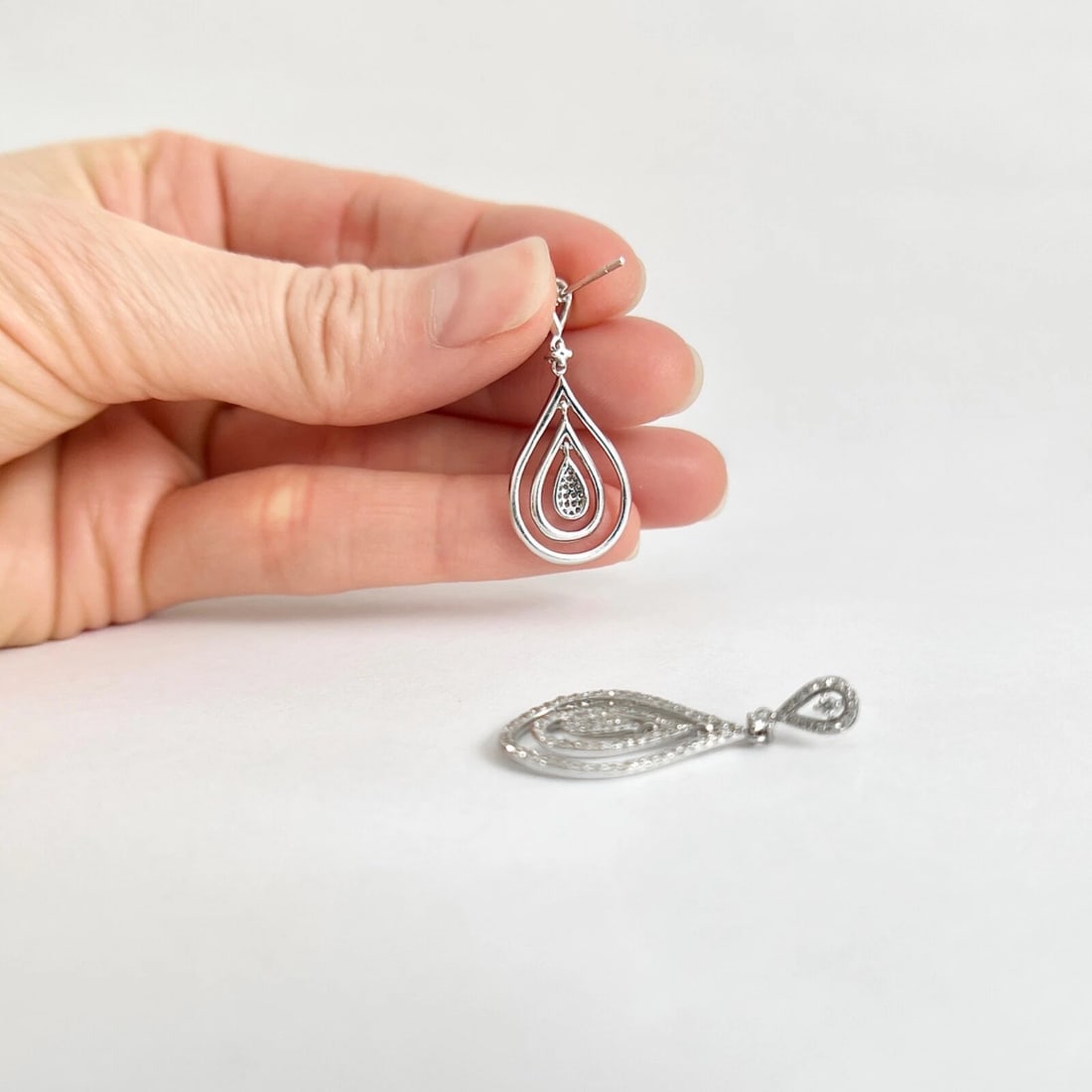 Pave Diamond Teardrop Halo Dangle Drop Earrings 14K White Gold, .82 CTW - 5