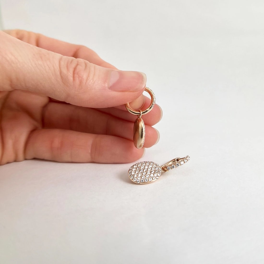 Pave Diamond Oval Tag Dangle Drop Earrings 14K Pink Rose Gold, 1 Inch, 1.10 CTW - 5