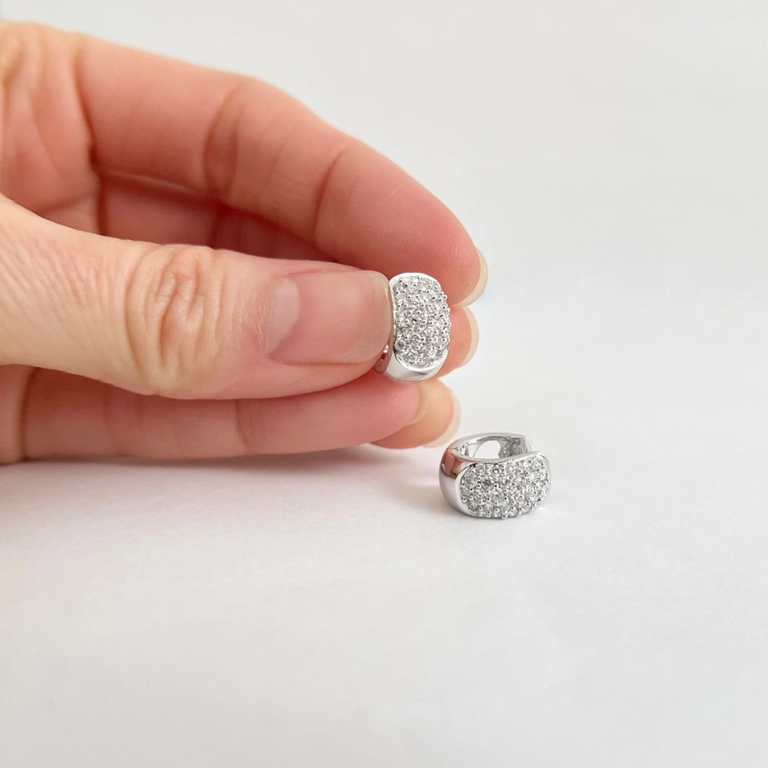 Wide Pave Diamond Small Hoop Huggie Earrings 18K White Gold, .69 CTW - 3