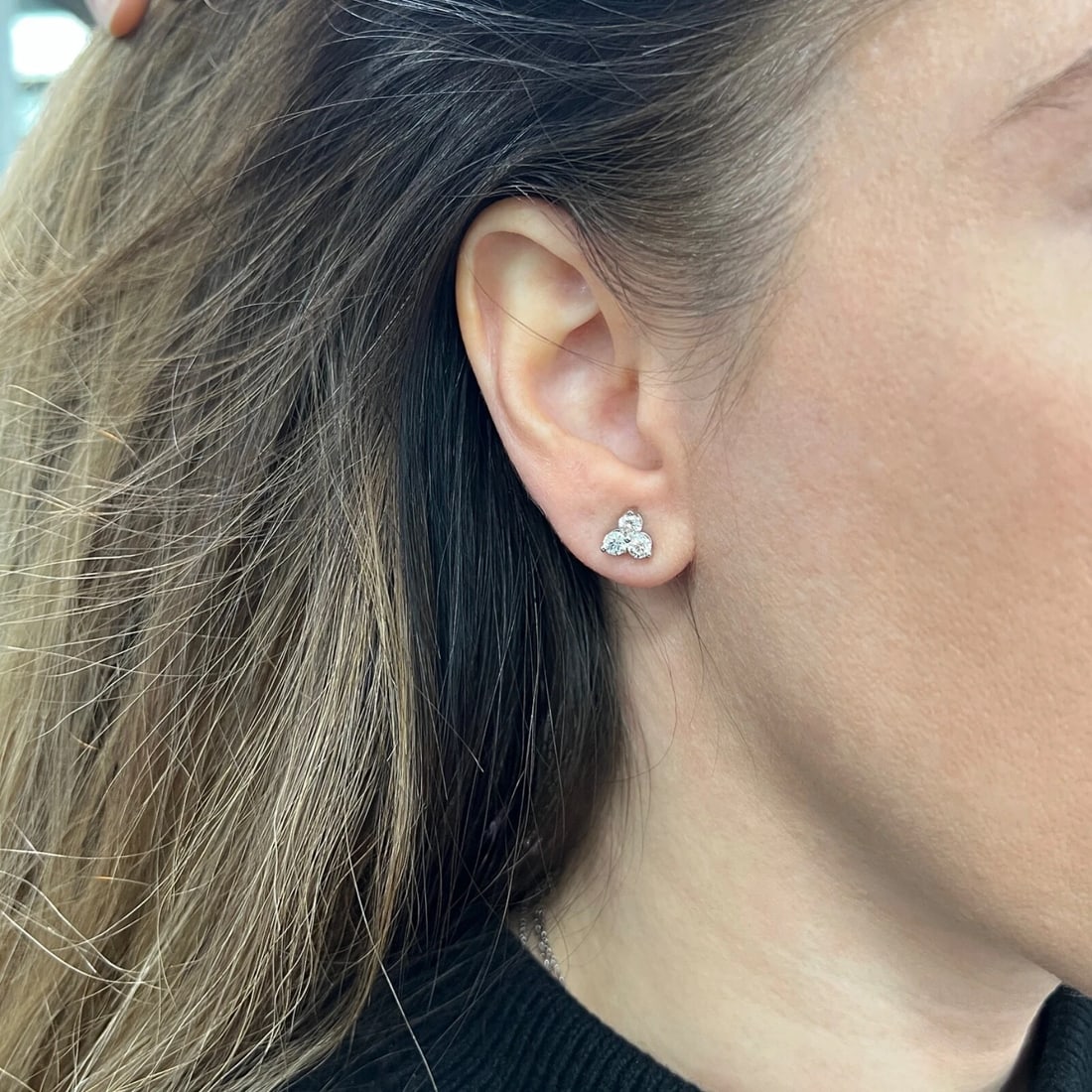 3-Stone Round Diamond Cluster Stud Earrings 14K White Gold, 1.10 CTW - 4