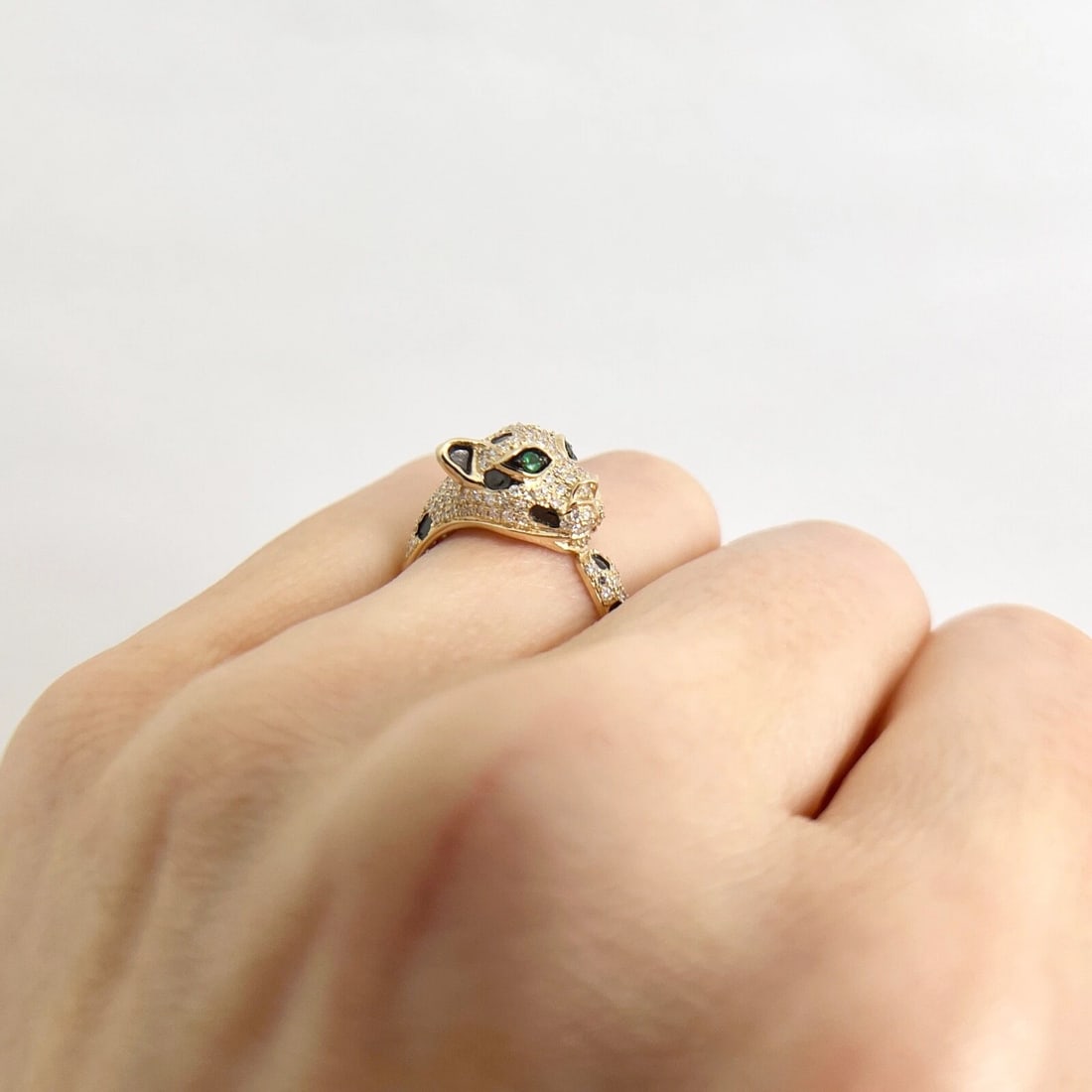 Pave Diamond Green-Eyed Leopard Panther Statement Ring 14K Yellow Gold .52 CTW - 2