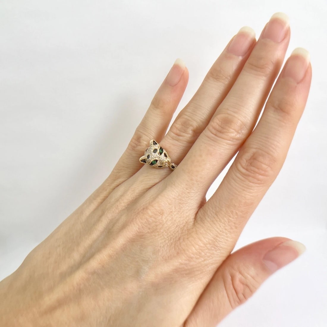 Pave Diamond Green-Eyed Leopard Panther Statement Ring 14K Yellow Gold .52 CTW - 4