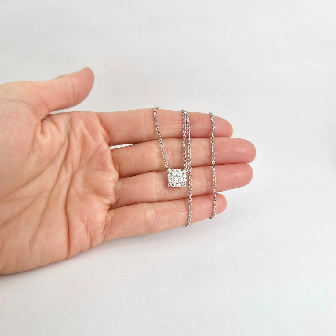 Princess Diamond Square Halo Pendant Necklace 14K White Gold, .94 CTW - 2