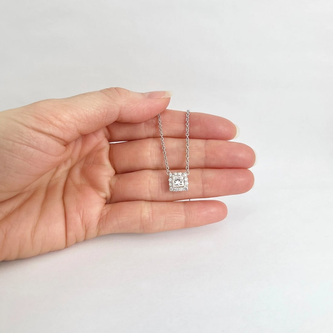 Princess Diamond Square Halo Pendant Necklace 14K White Gold, .94 CTW - 3