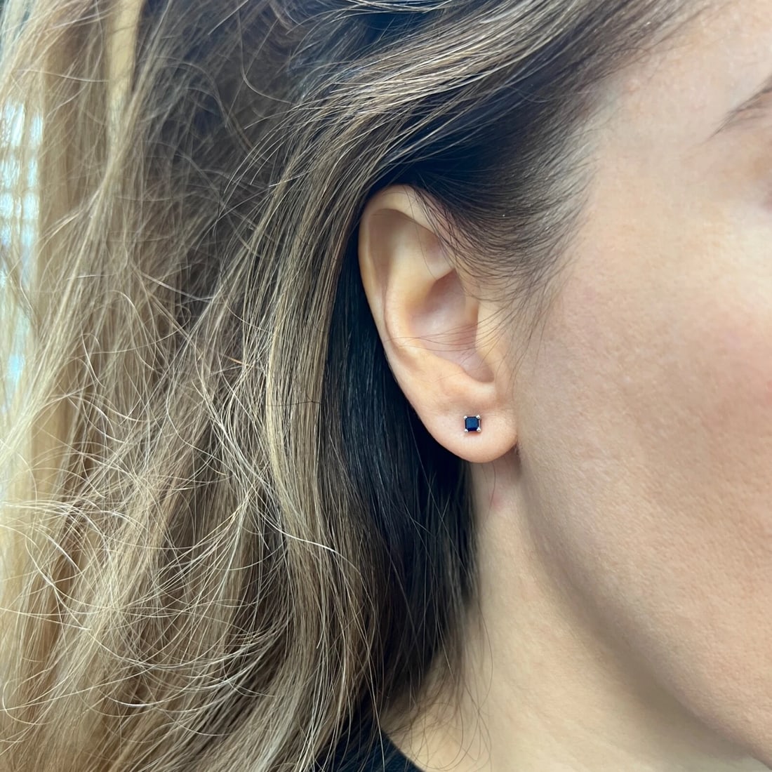 Small Square Princess Cut Blue Sapphire Stud Earrings 14K White Gold, .38 CTW - 3