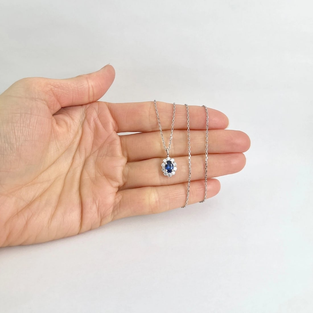 Oval Blue Sapphire Diamond Halo Gemstone Pendant Necklace 14K White Gold, .92 TW - 2
