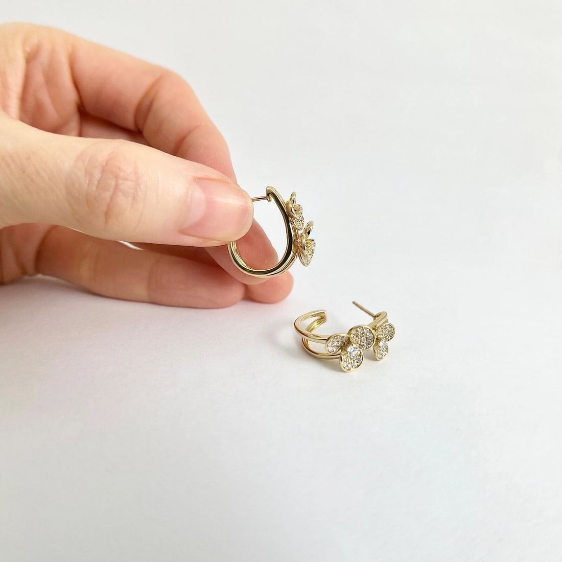 Pave Diamond Flower Floral Drop Hoop Earrings 14K Yellow Gold .65 CTW - 5