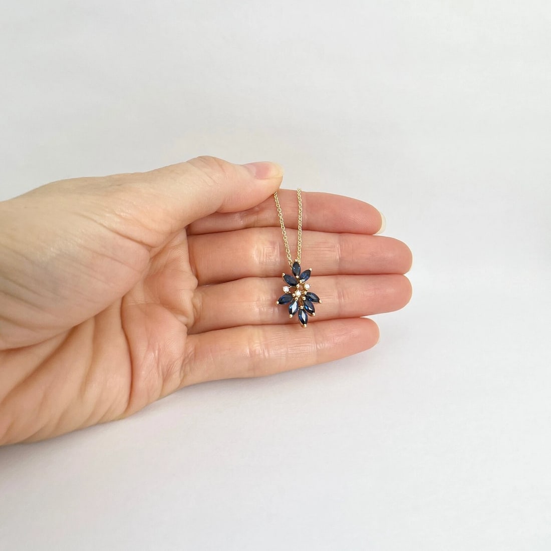 Marquise Blue Sapphire Diamond Cluster Pendant Necklace 14K Yellow Gold 1.15 CTW - 3