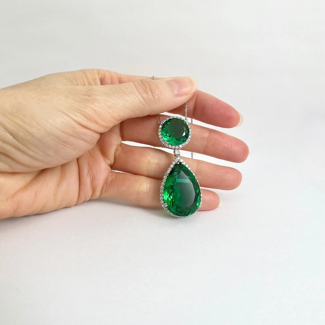 Green Topaz Diamond Halo Teardrop Pendant Necklace 14K White Gold 32.84 CTW - 2