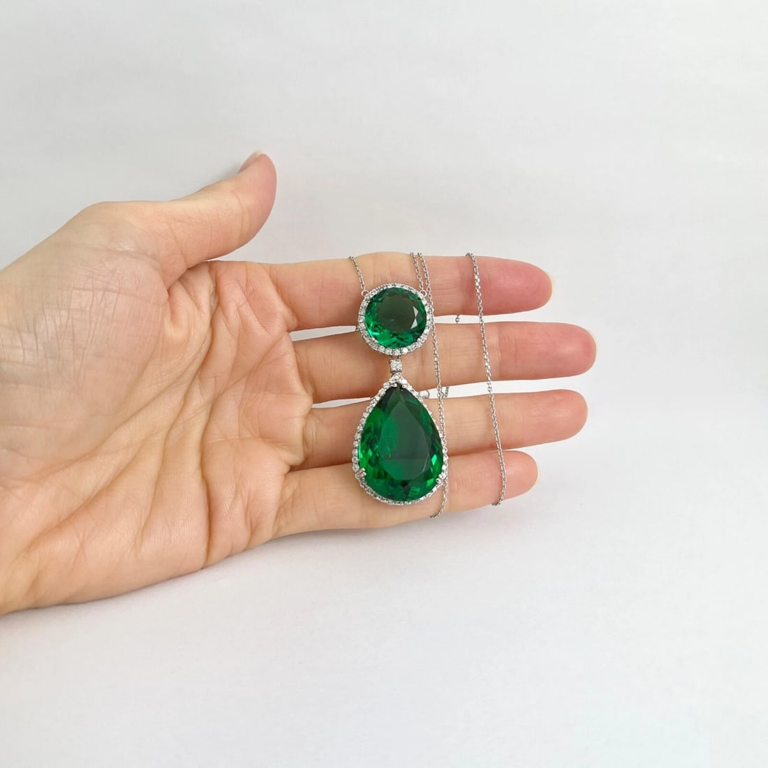 Green Topaz Diamond Halo Teardrop Pendant Necklace 14K White Gold 32.84 CTW - 4