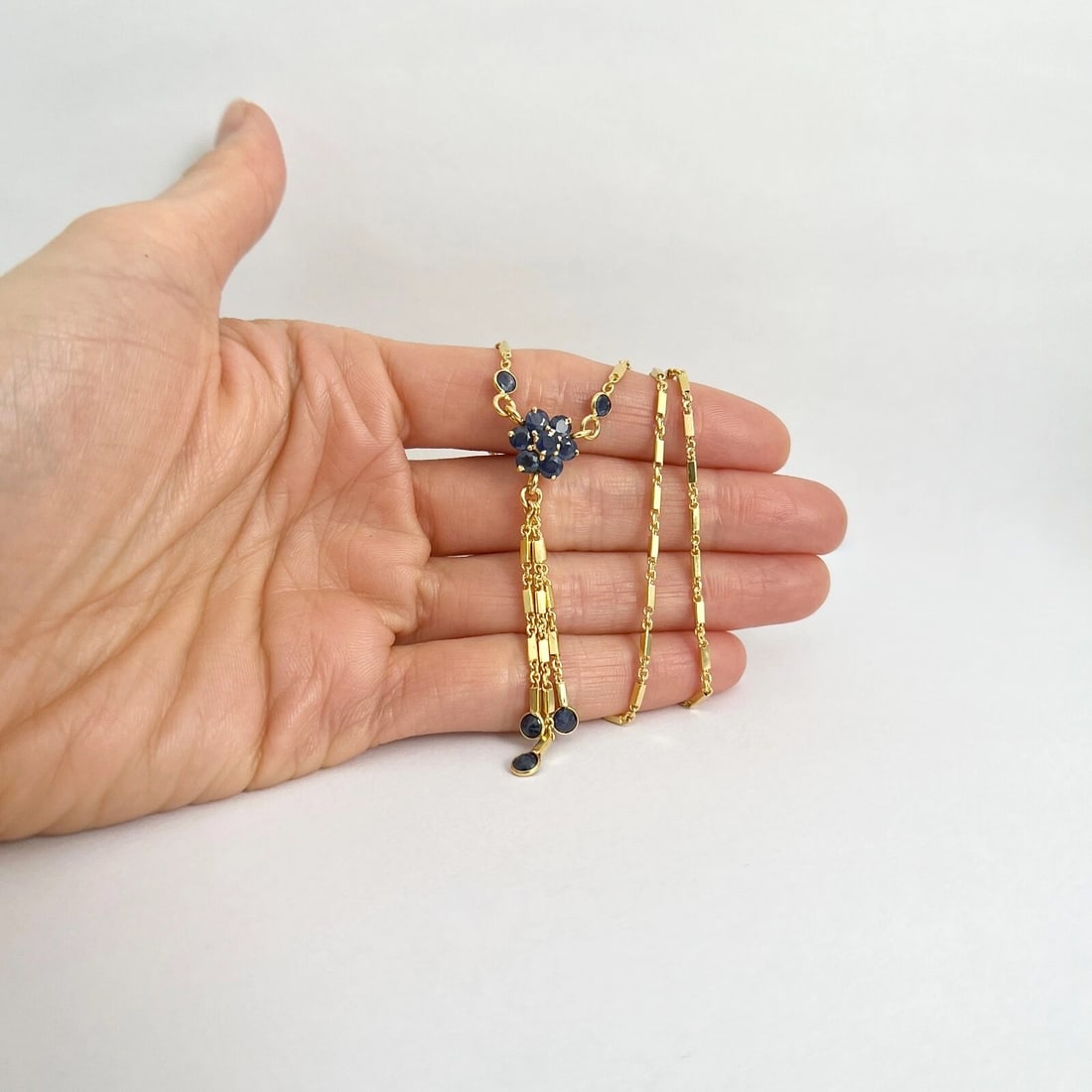 Blue Sapphire Flower Gemstone Lariat Tassel Necklace 12K Yellow Gold, 3.28 CTW - 4