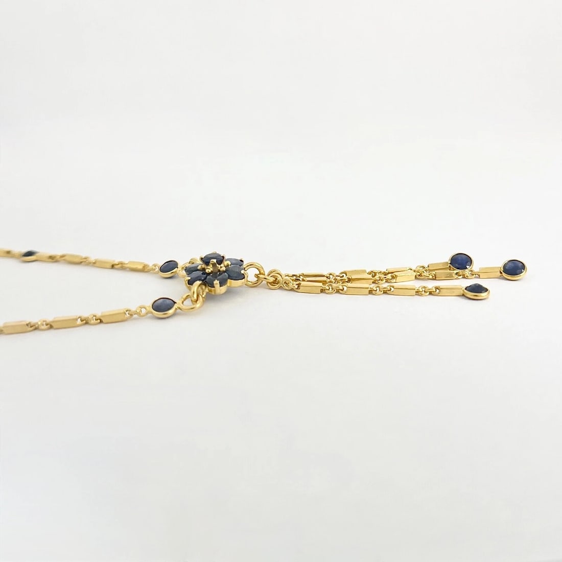 Blue Sapphire Flower Gemstone Lariat Tassel Necklace 12K Yellow Gold, 3.28 CTW - 7
