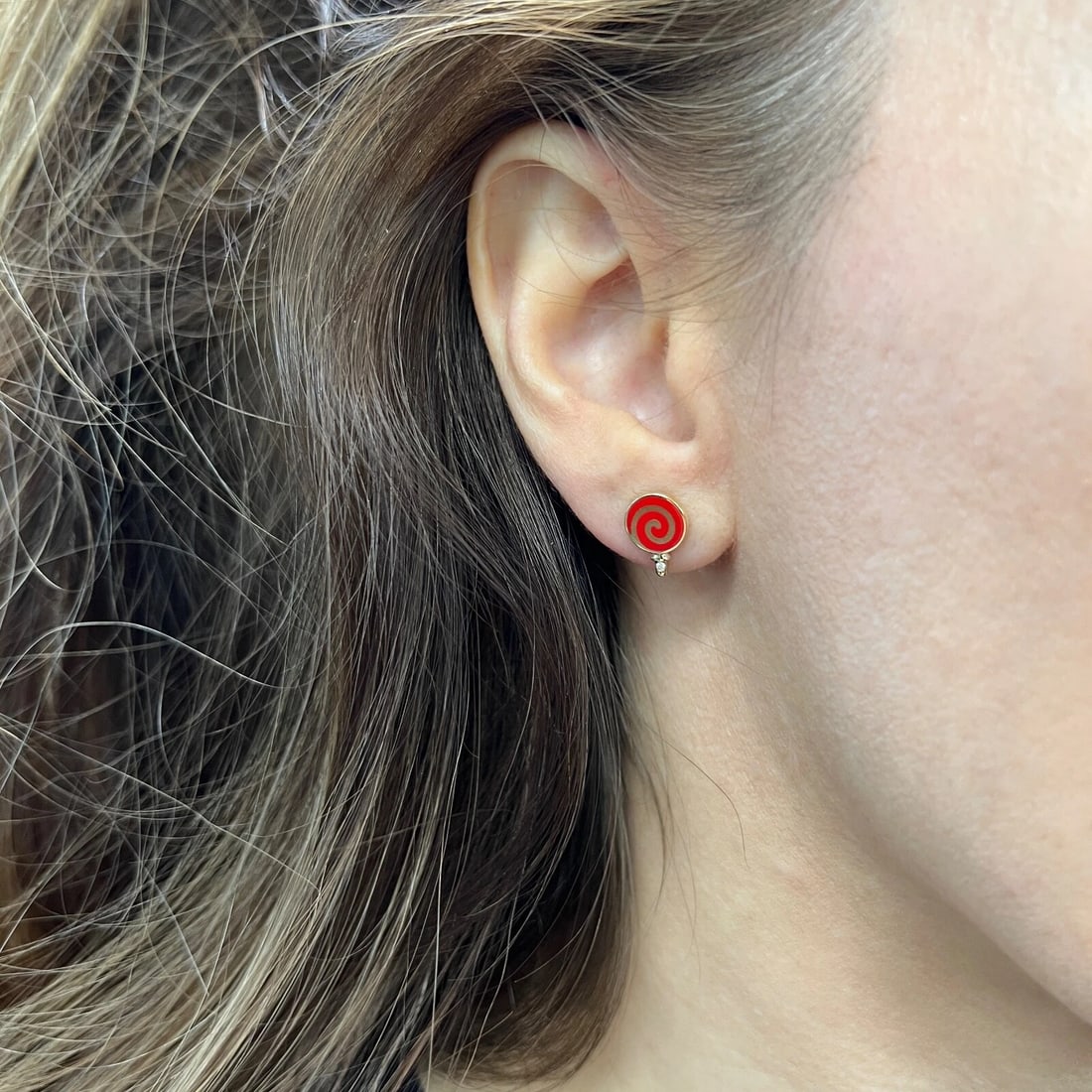 Red Enamel Swirl Lollipop Diamond Stud Earrings 14K Yellow Gold .02 CTW - 3