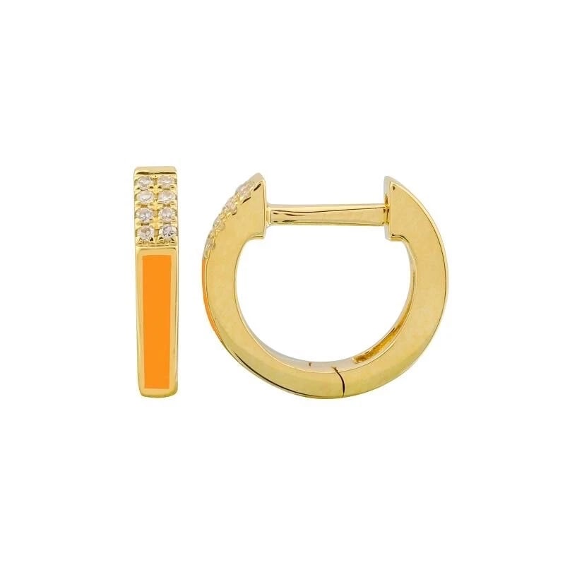 Orange Enamel Pave Diamond Thin Huggie Earrings 14K Yellow Gold, .08 CTW (1 of 4)