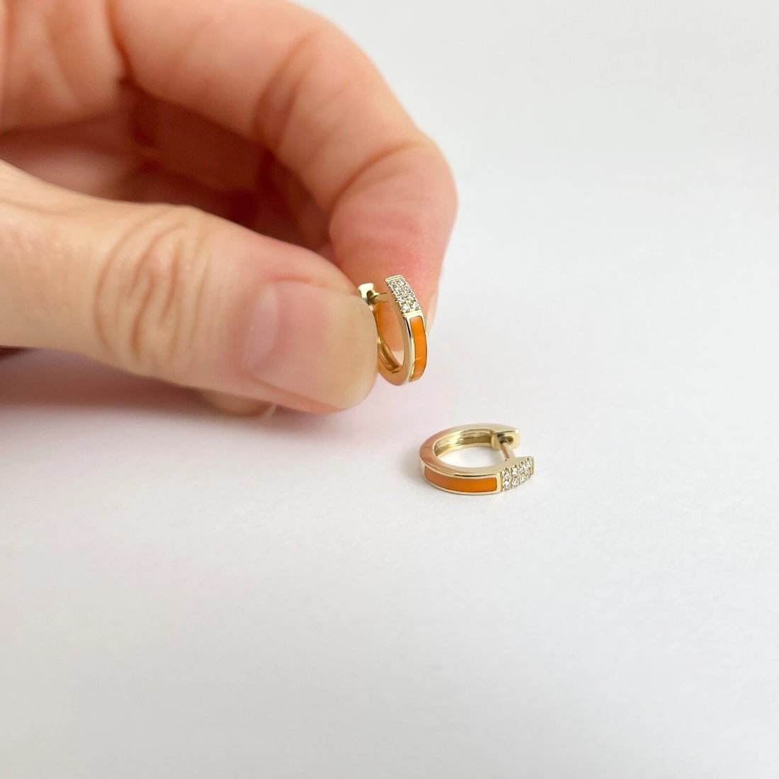 Orange Enamel Pave Diamond Thin Huggie Earrings 14K Yellow Gold, .08 CTW - 2