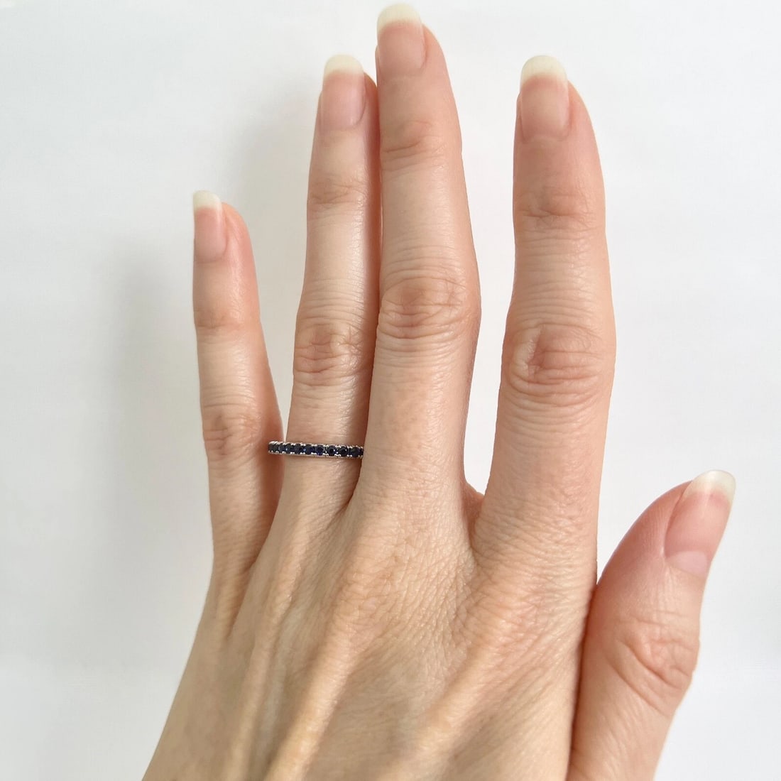 Thin Round Blue Sapphire Gemstone Band Ring 14K White Gold, .45 CTW - 3