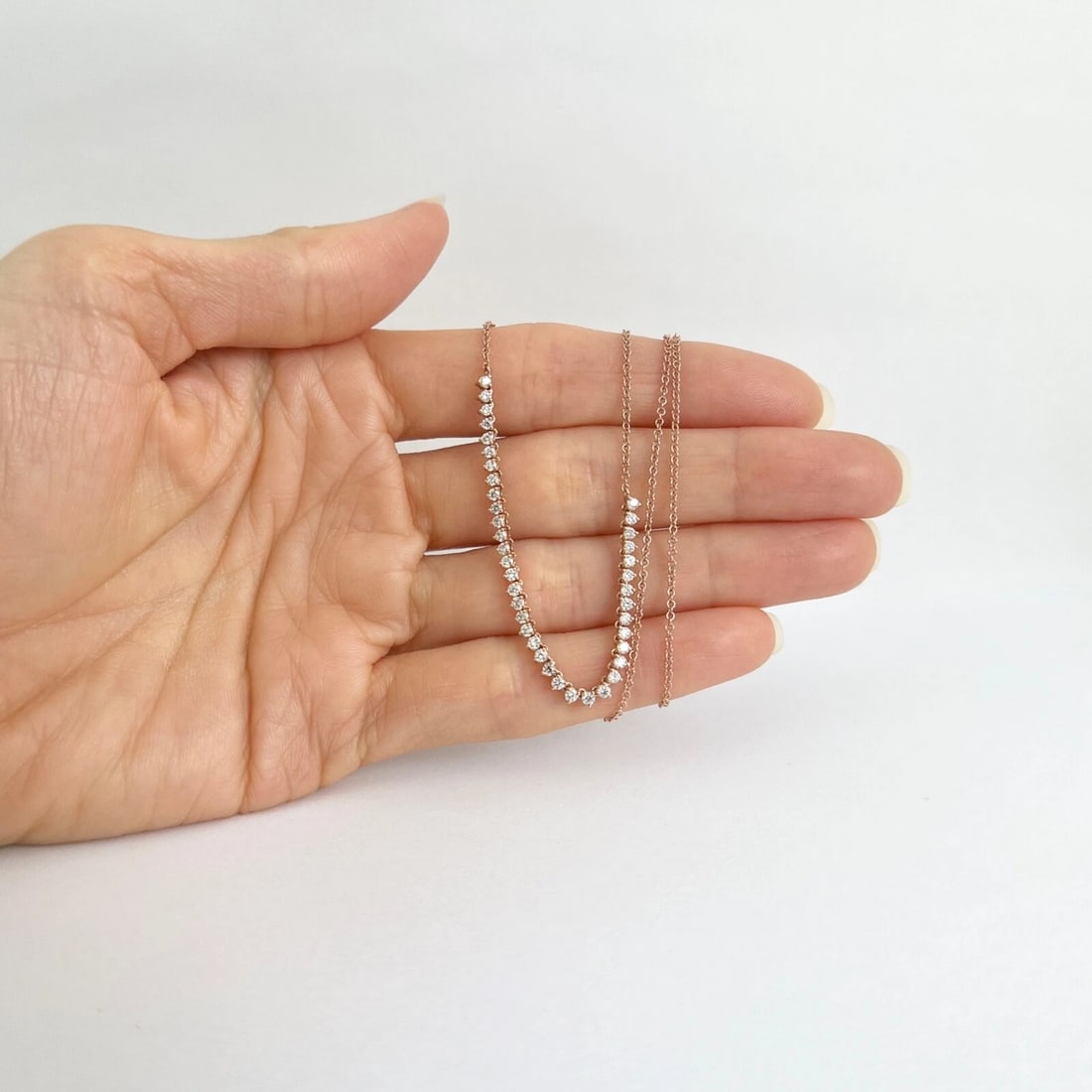 Half Diamond Tennis Chain Necklace 14K Pink Rose Gold Adjustable, .85 CTW - 2