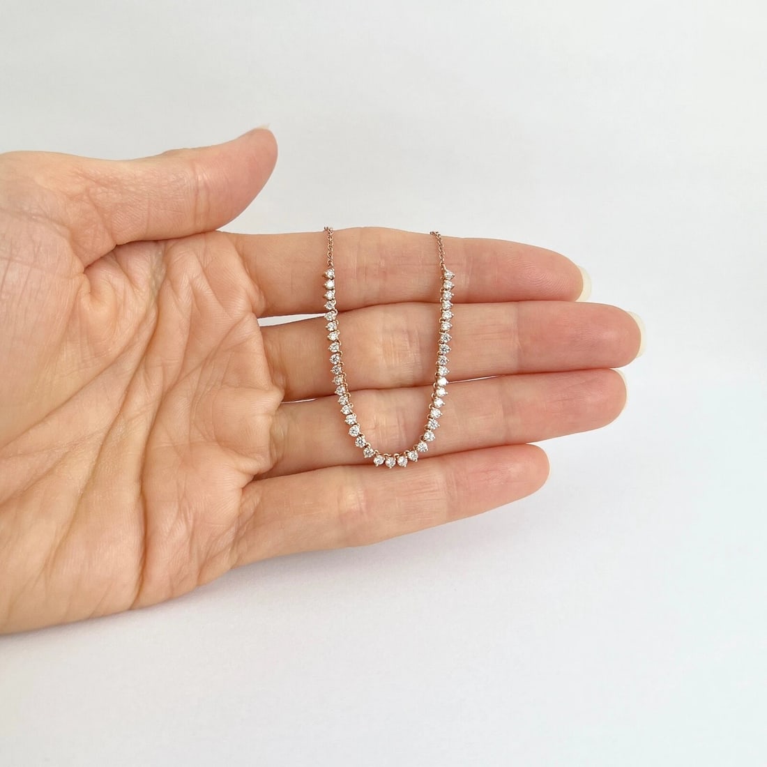 Half Diamond Tennis Chain Necklace 14K Pink Rose Gold Adjustable, .85 CTW - 3