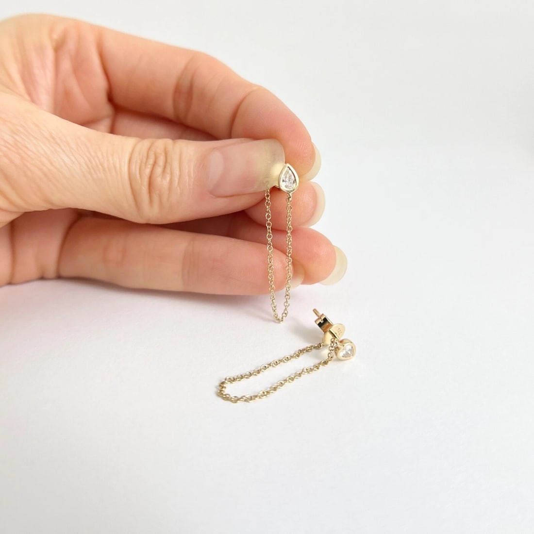 Pear Diamond Bezel Chain Teardrop Dangle Drop Earrings 14K Yellow Gold 1.25 Inch - 2