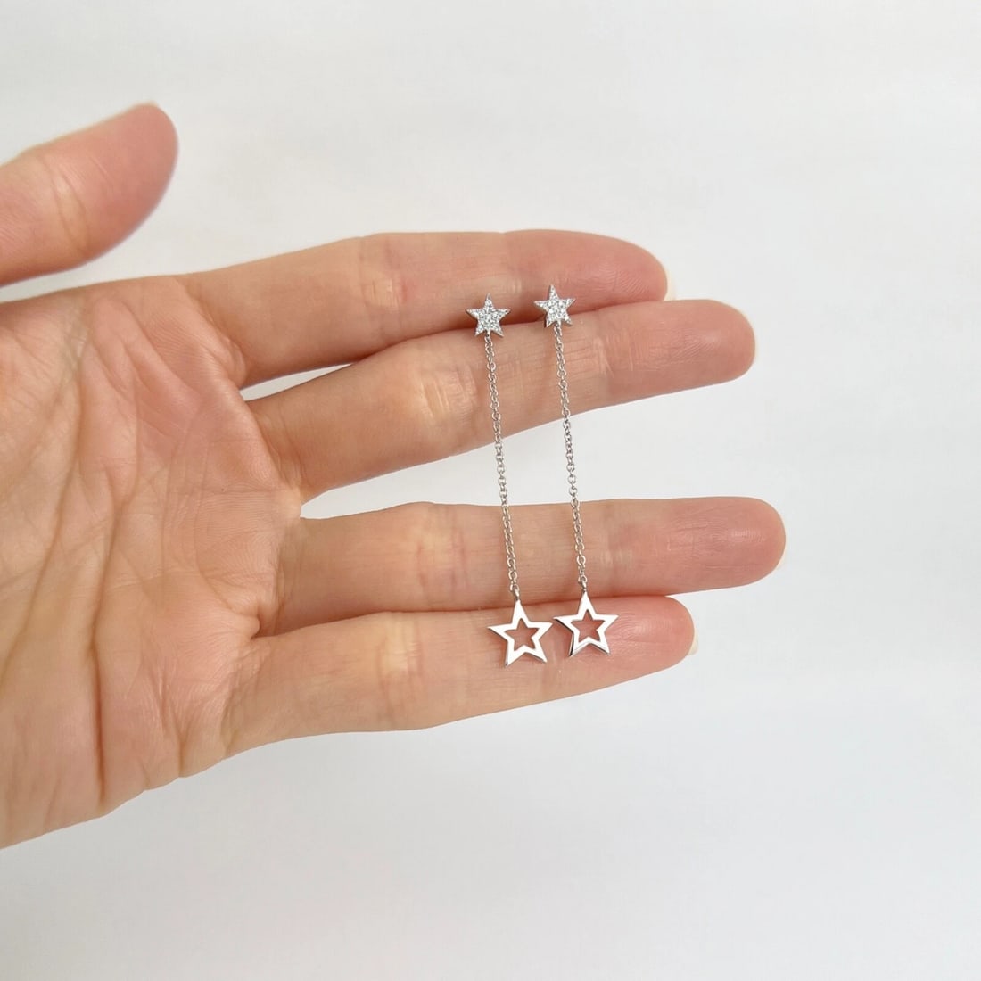 Pave Diamond Star Chain Dangle Drop Hanging Earrings 14K White Gold, 2 Inches - 2
