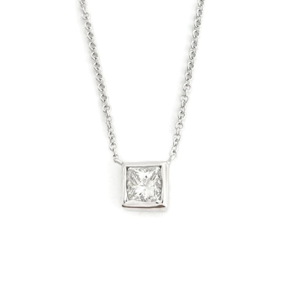 GIA Princess Bezel Solitaire Diamond Pendant Necklace 14K White Gold .50 CT (1 of 8)
