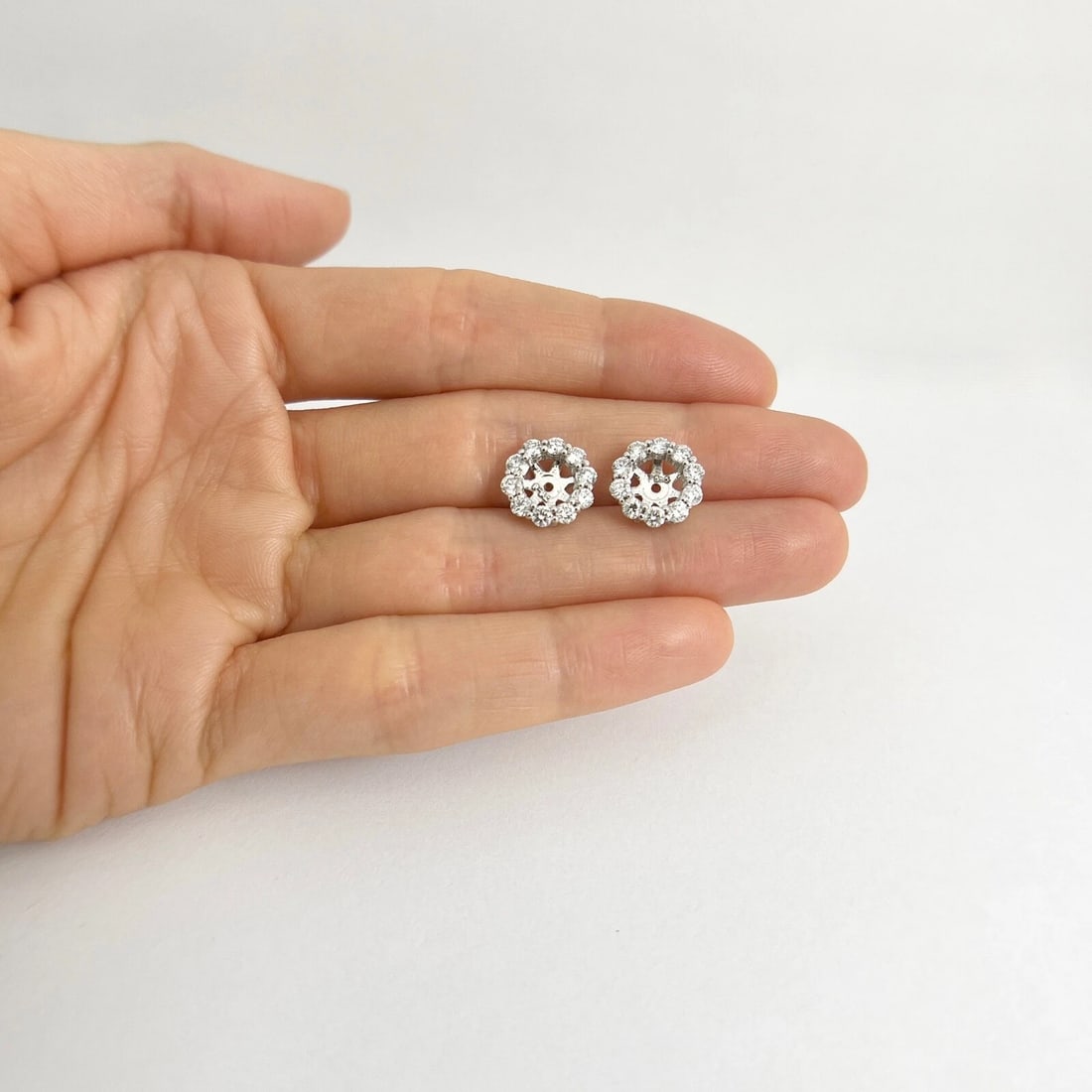 Round Diamond Halo Earring Jackets Enhancers 14K White Gold for 2.00 CTW Studs - 5