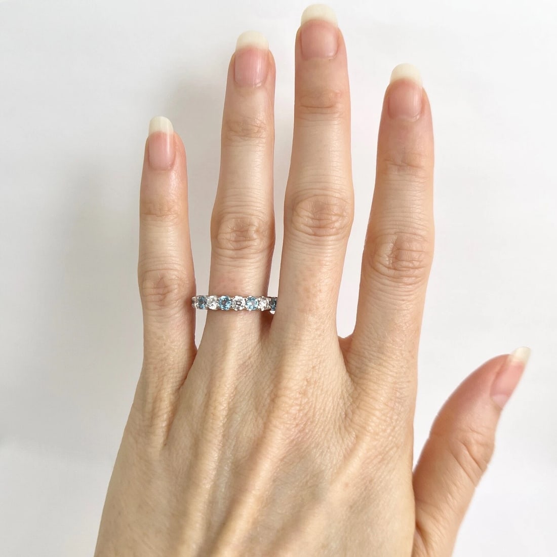 Blue Topaz Diamond Gemstone Wedding Band Ring 14K White Gold 1.42 CTW - 2